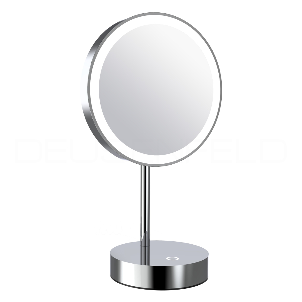 DEUSENFELD SL70CTA - Premium Akku LED Stand Kosmetikspiegel, CTT - stufenlos einstellbarer Farbton von 2700-6500K, hell, LED Touch-Control, USB-C, 5000mAh Akku, 7x Vergrößerung, Ø20cm, verchromt